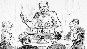 Η Συνδιάσκεψη του Βερολίνου 1884, γελοιογραφία της εποχής, διακρίνεται ο Γερμανός καγκελάριος Μπίσμαρκ. 