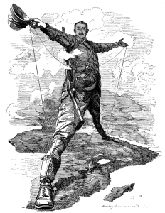 Cecil Rhodes (1853-1902), Βρετανός διπλωμάτης και πολιτικός. Καρικατούρα '' Ο Κολοσσός του Cecil Rhodes '', από το Κάιρο στο Κέιπ, σχεδόν ολόκληρη η ανατολική ακτή της αφρικανικής ηπείρου ανήκε στη βρετανική ηγεμονία.