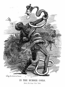 Γκραβούρα του 1906, ο βασιλιάς Λεοπόλδος Β' ως φίδι ζώνει έναν κονγκολέζο άνδρα.