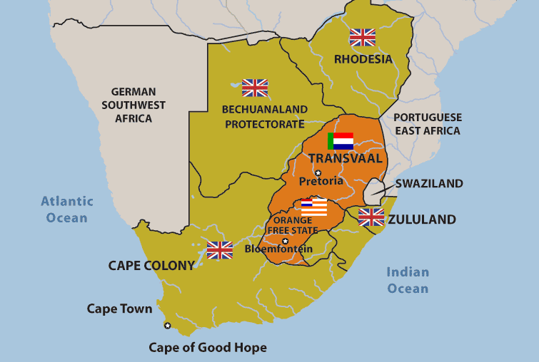 Χάρτης της νότιας Αφρικής που απεικονίζει τις Βρετανικές κτήσεις και τις δημοκρατίες των Μπόερς.