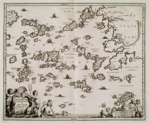 Οι ελληνικές θάλασσες με τα πολλά, μικρά και μεγάλα, νησιά παρουσίαζαν ευνοϊκό περιβάλλον για την ανάπτυξη και τη συντήρηση της πειρατείας. Χάρτης των Κυκλάδων και των νησιών του Νοτιοανατολικού Αιγαίου, 1688, Olfert Dapper.